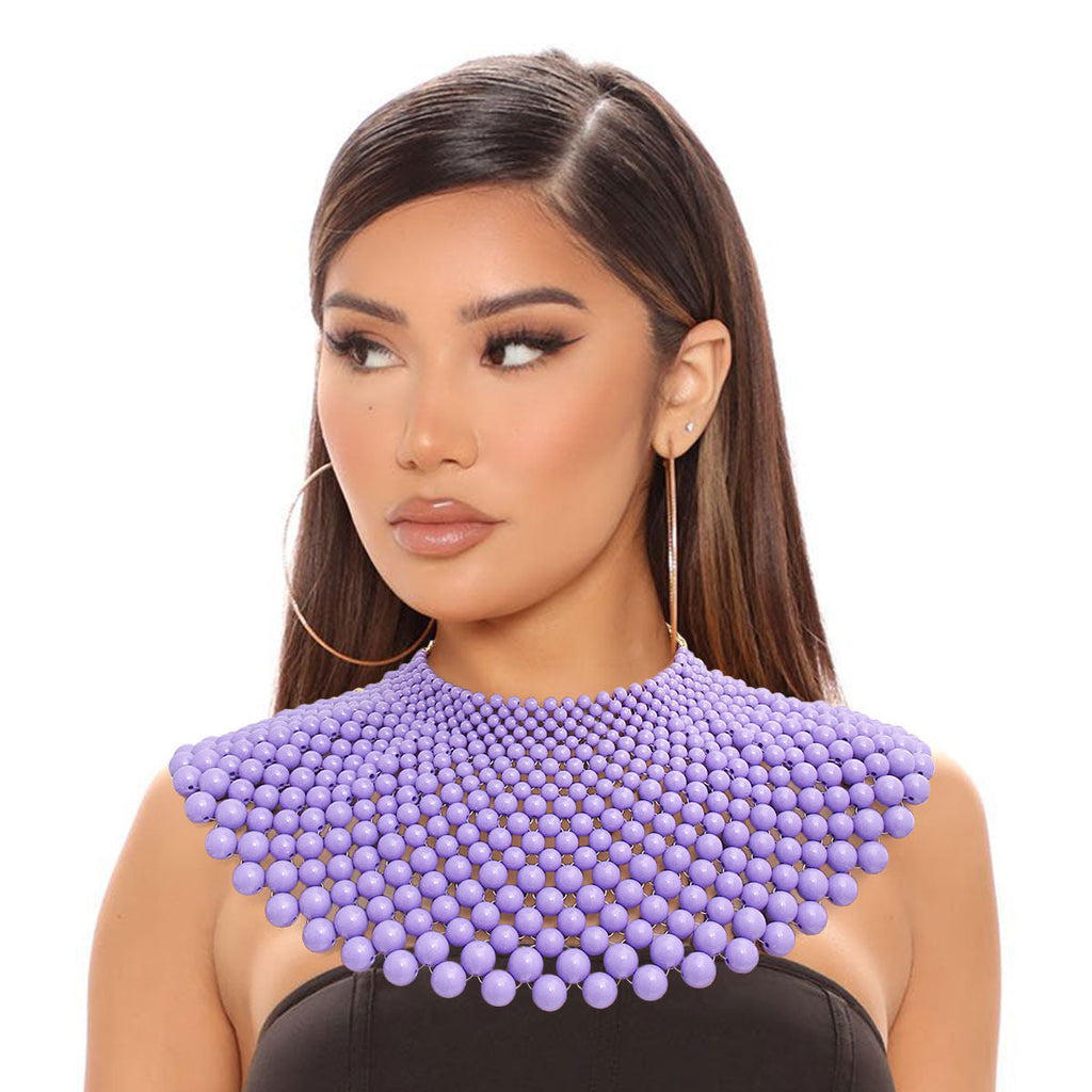 Statement Bib Necklace Set with Purple Beads, Trendy Fashion Jewelry