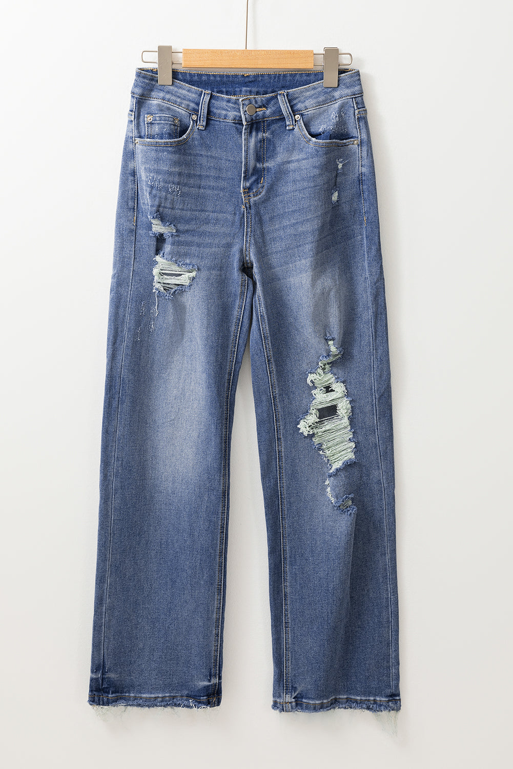 Distressed Raw Hem Straight Leg High Waist Jeans