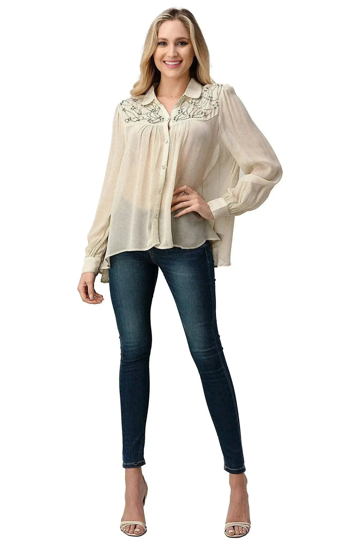 Embroidered Sheer Blouse - Beaded Jewel Trim Button-Up Top | Femstylo