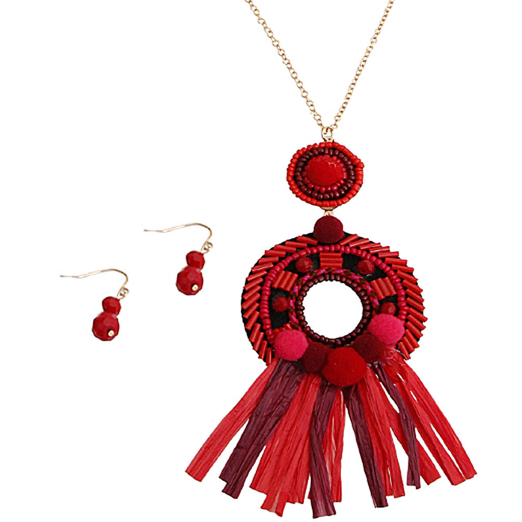 Tassel Pendant Necklace with Red Raffia – Trendy Statement Jewelry