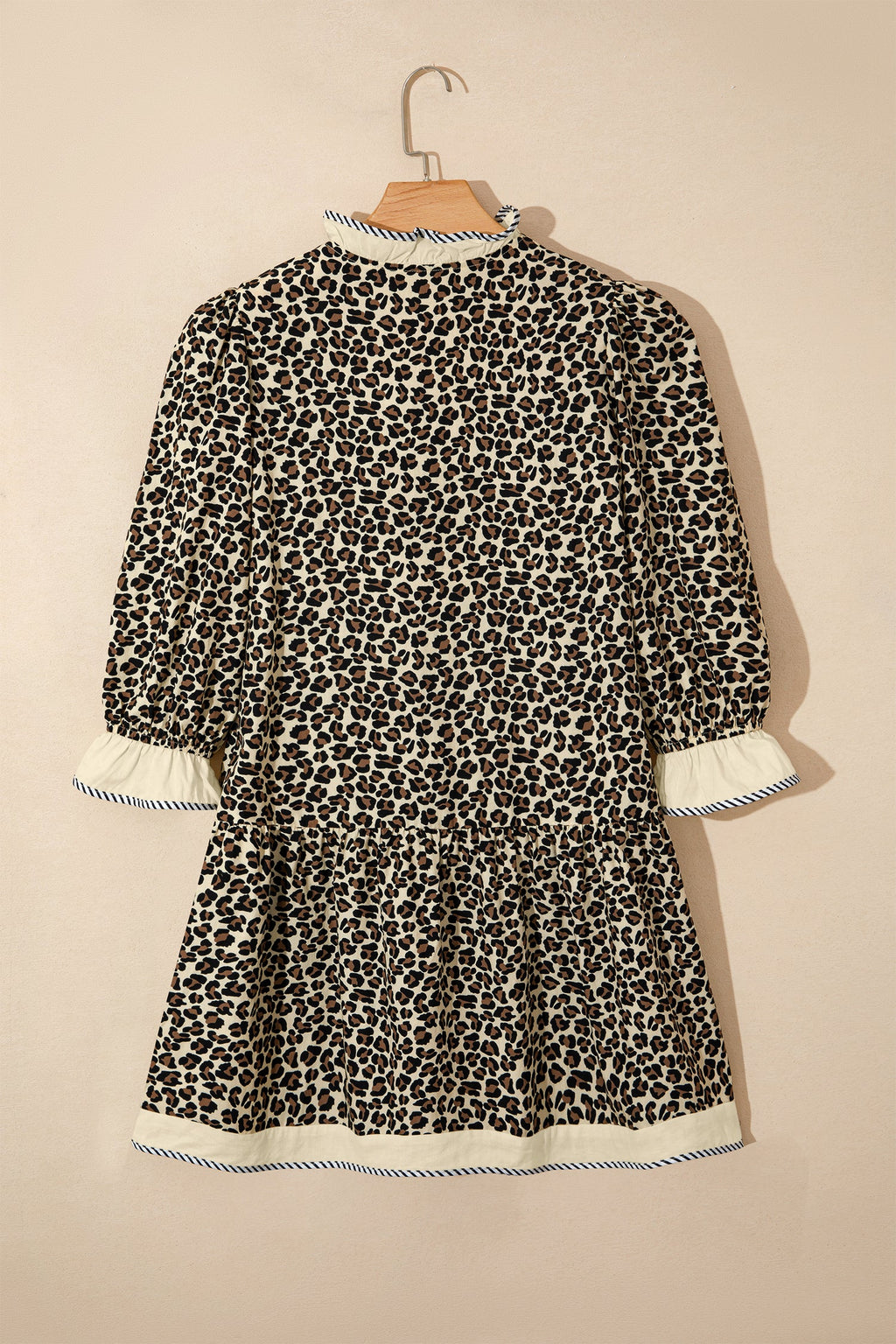 Black Leopard Print Striped Color Block Trim V Neck Bracelet Sleeve Mini Dress