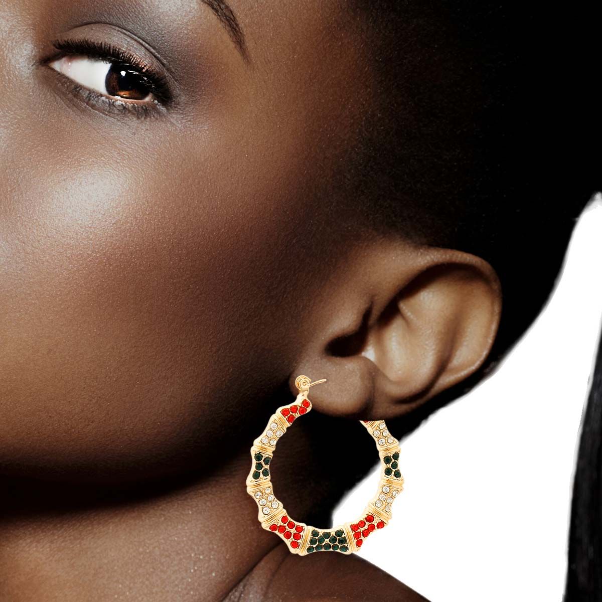 Thin Bamboo Hoop Earrings Red and Green Bling Stylish Statement Jewelry