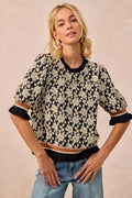 Textured Rose Knit Top Contrast Banded Puff Sleeve