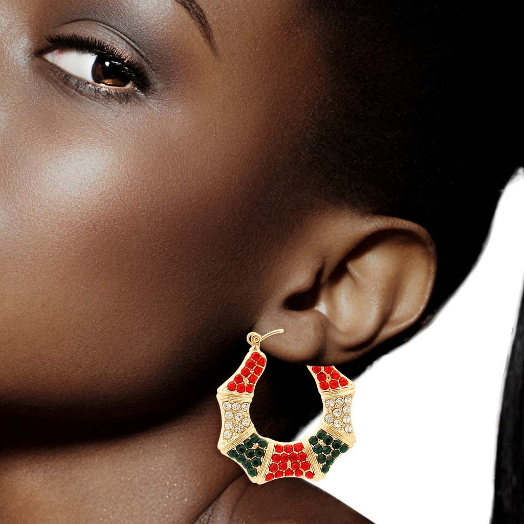 Bamboo Hoop Earrings Red and Green Bling Statement Jewelry