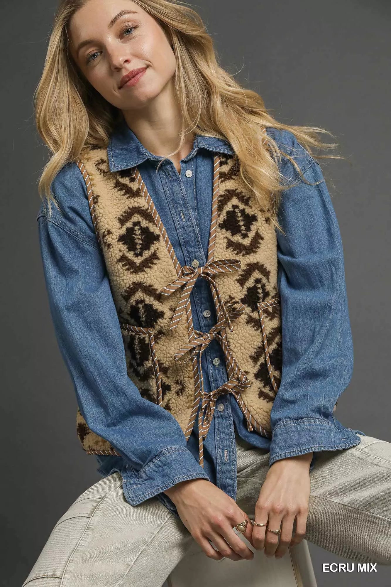 Mix Patterned Sherpa Tie-Front Vest