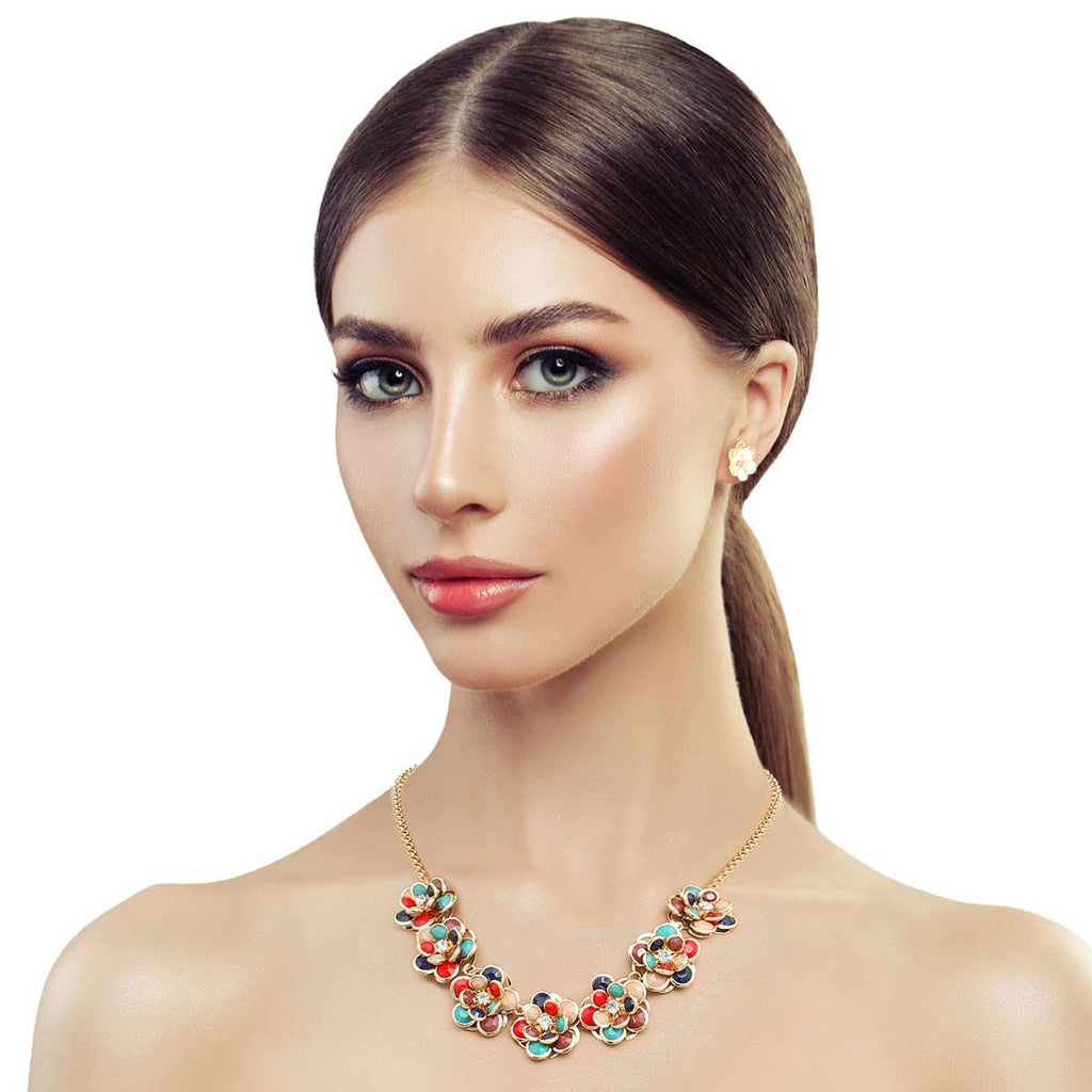 Statement Collar Necklace Set with Multi Beaded 3D Flower Detail