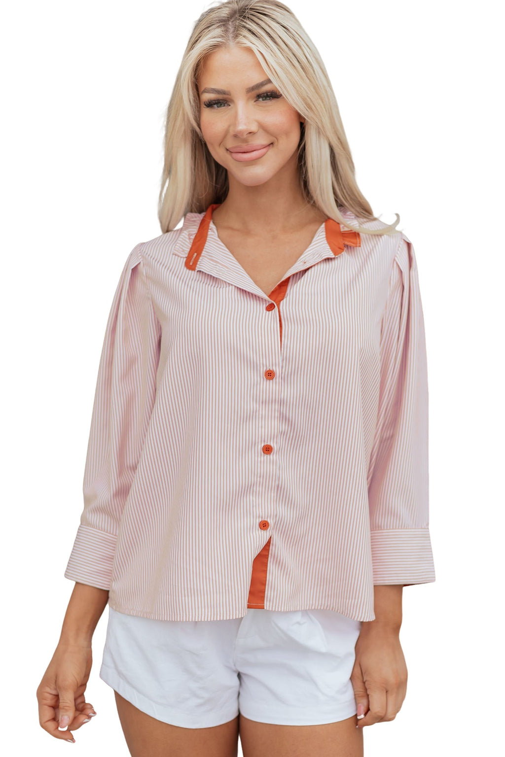 Khaki Stripe Color Block Patchwork Detail Frilled Collar Button Down Shirt