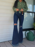 Farrah Denim Distressed High Waisted Flares - Dark Wash