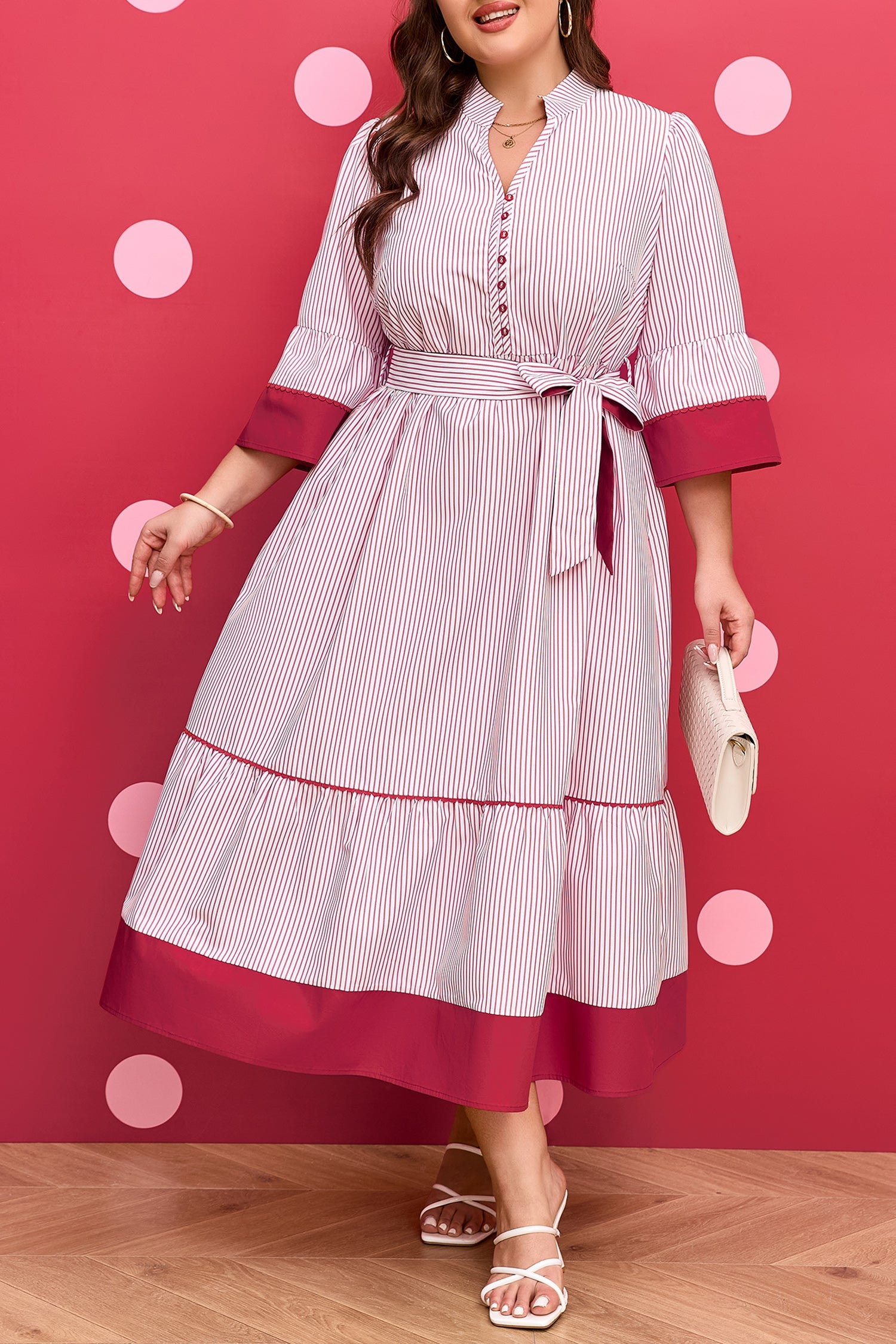 Red Stripe Plus Size Ruffled Hem Pinstriped Midi Dress