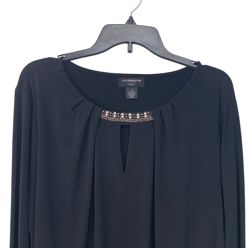 Liz Claiborne Career Womens 3X Black Beaded Key Hole Long Sleeve Blouse Top