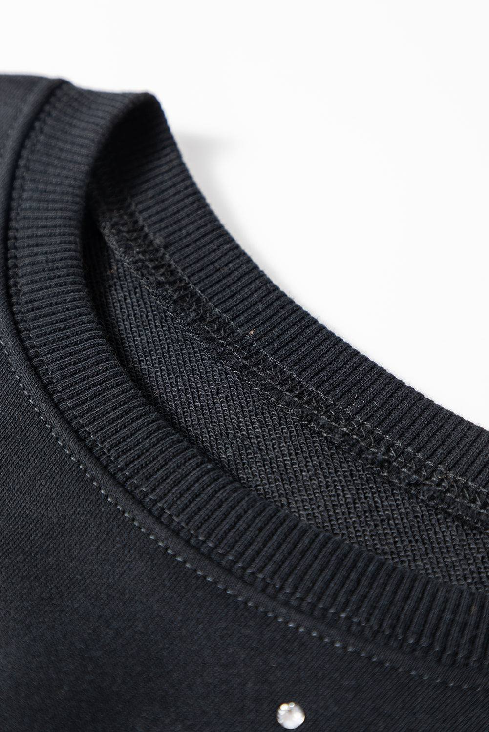 Black Rhinestone Embellished Drop Shoulder Ribbed Cuffs Wholesale Sweatshirt