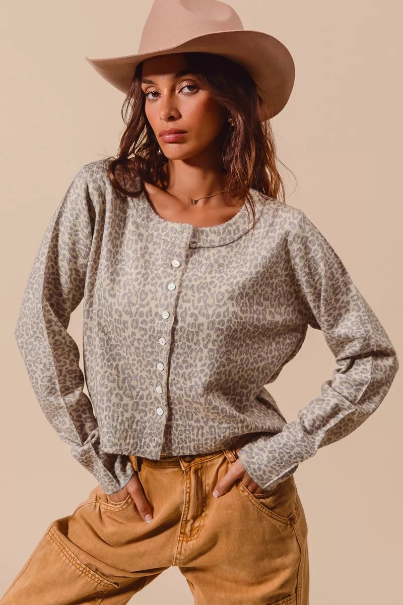 Two Tone Leopard Vintage Print Button Up Cardigan