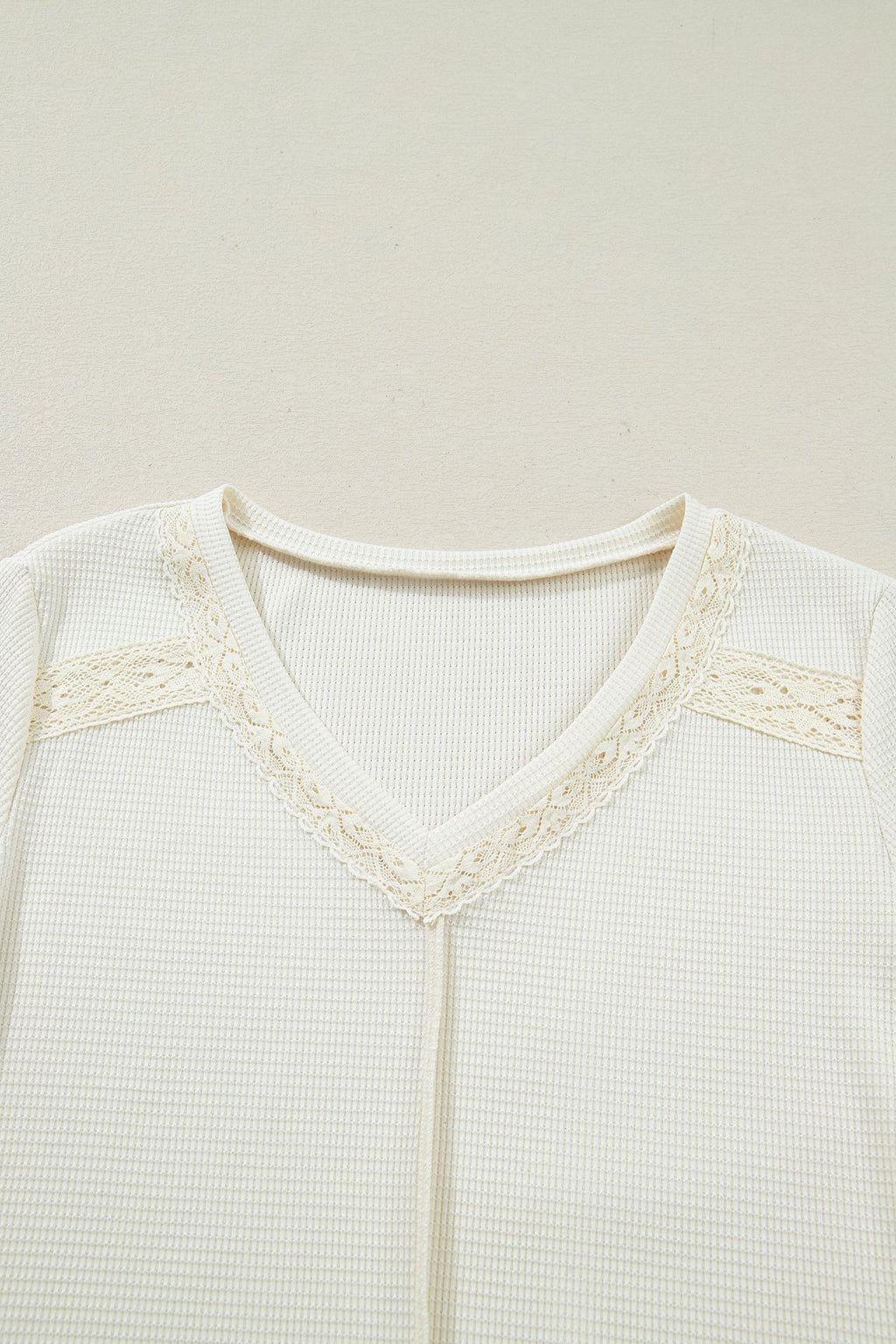 Beige Thermal Knit Lace Ruched Patchwork Long Sleeve V Neck Top