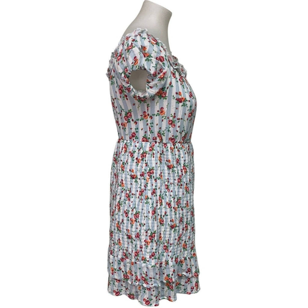 Peach Love California Womens Medium Striped Floral Short Sleeve Smocked Dress