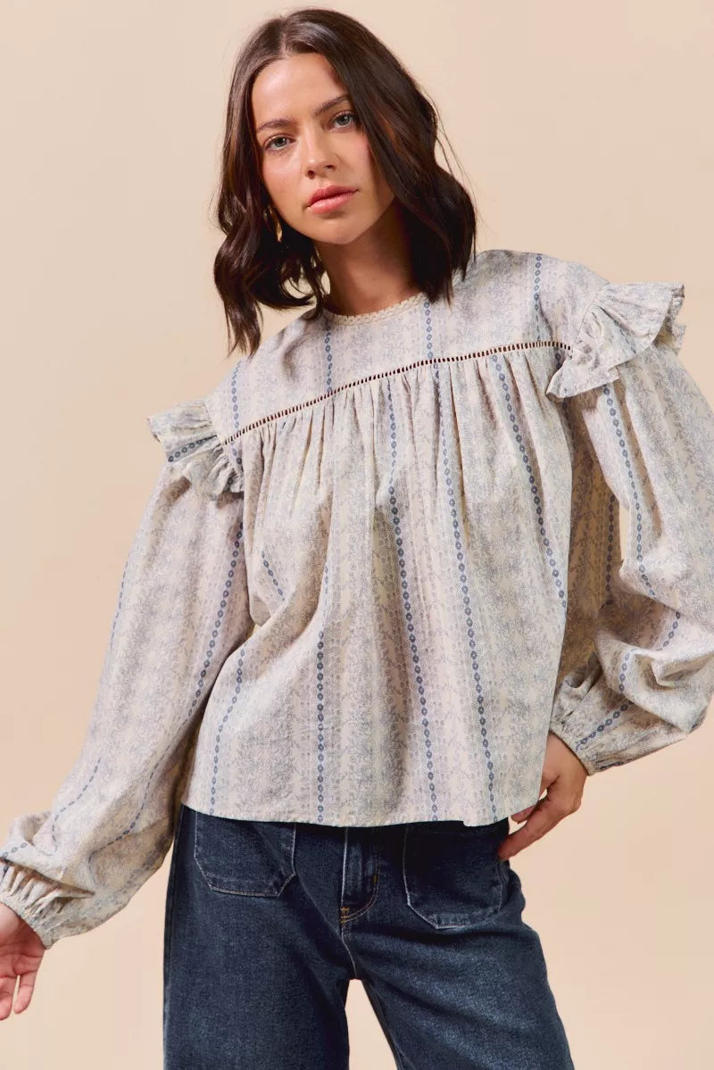 Floral Cotton Print Ruffled Long Sleeve Blouse