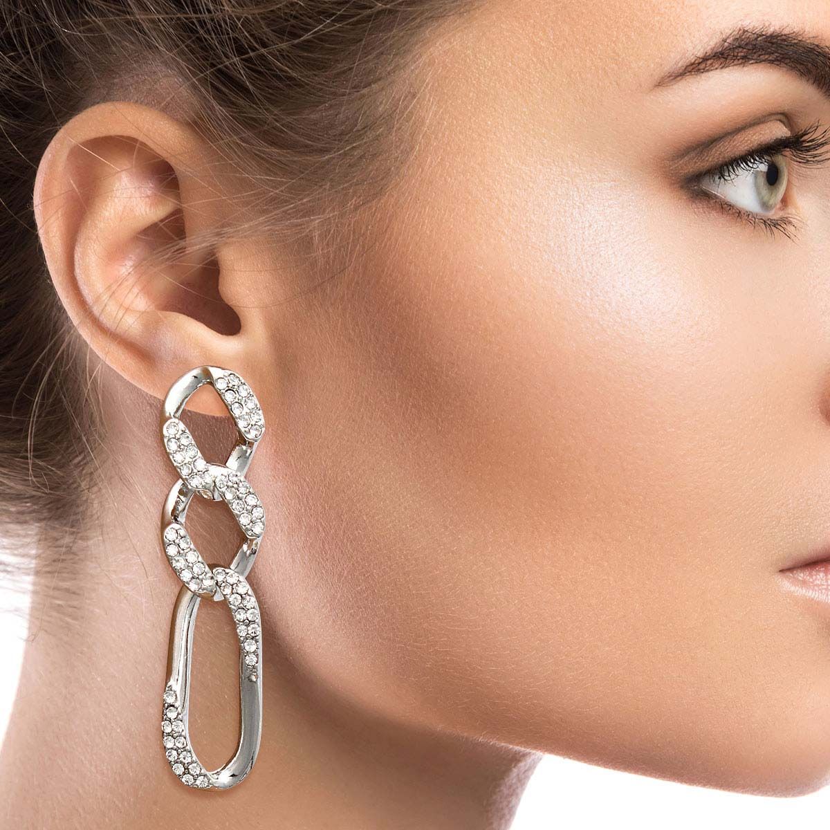 Chain Earrings Silver Rhinestone Crusted Stylish Statement Jewelry
