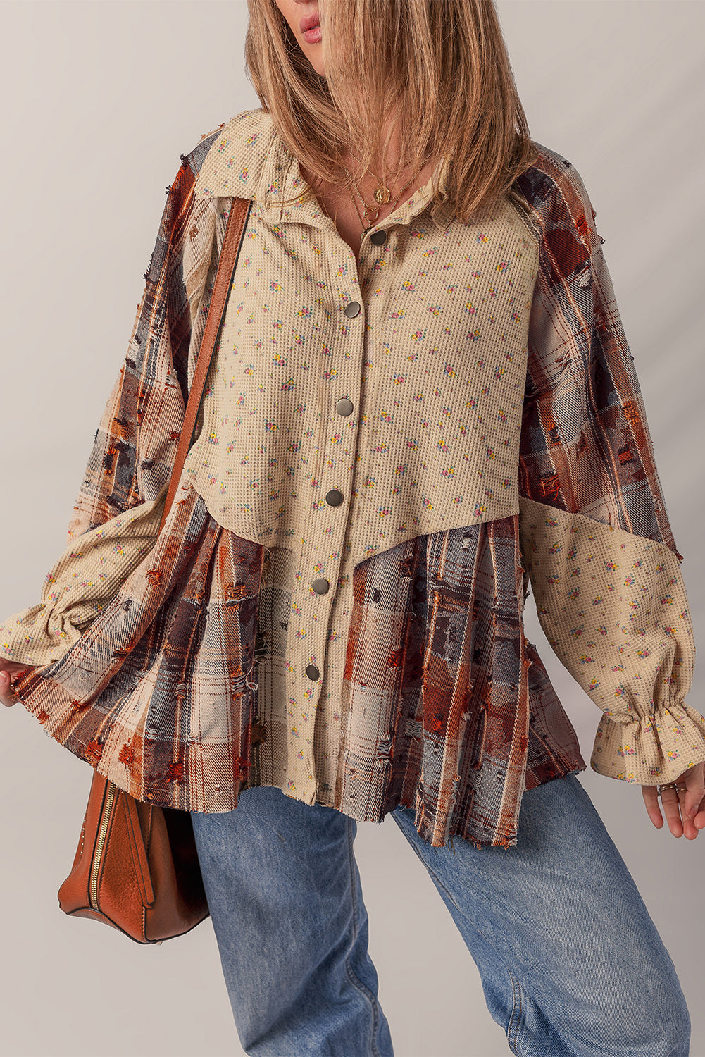 Boho Floral Plaid Patchwork Distressed Detail Ruffled Sleeve Waffle Knit Shacket
