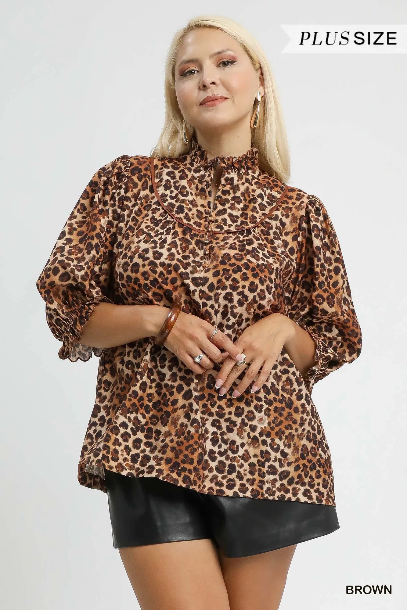 Full Size Leopard Print Ruffle Neck Blouse Plus Size