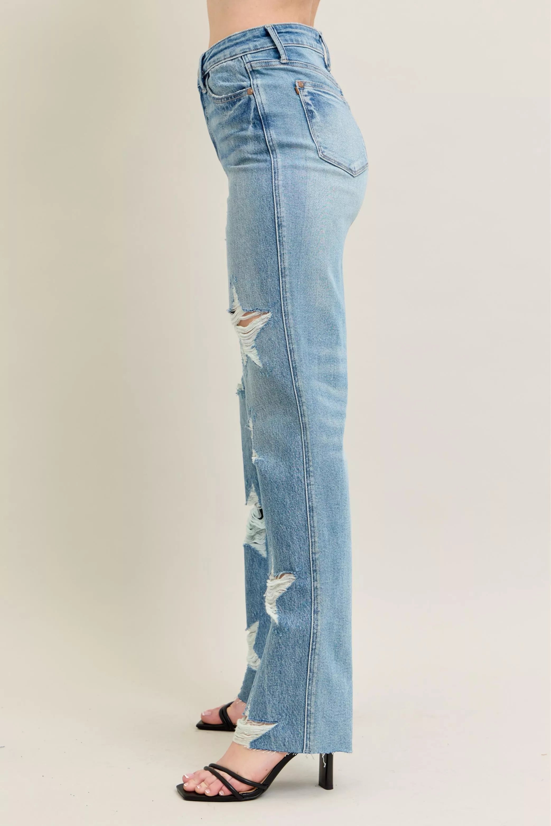 Full Size High Waist Rigid Magic Star Shaped Destroy 90's Straight Jeans Plus Size