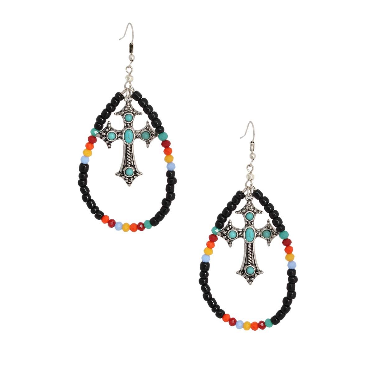 Teardrop Cross Earrings Black Bead Stylish Statement Jewelry