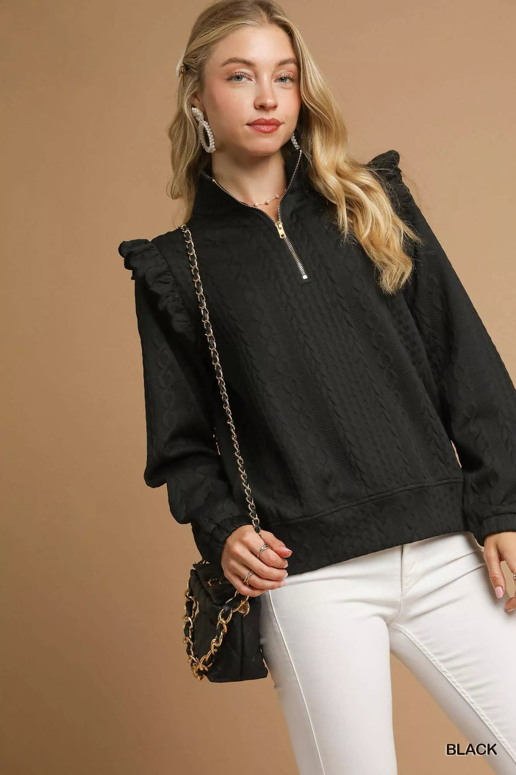 Cable Knit Textured Pullover with Ruffle Shoulders