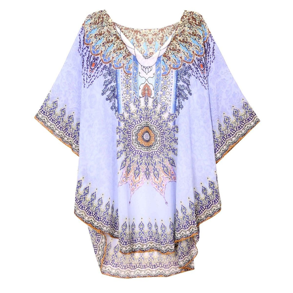 Poncho Top Blue Boho Print Stylish Casual Layered