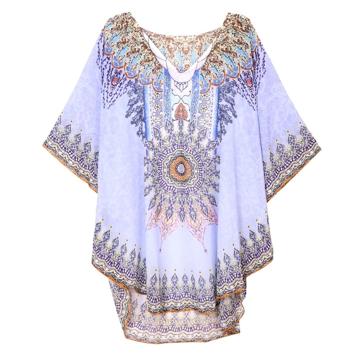 Poncho Top Blue Boho Print Stylish Casual Layered