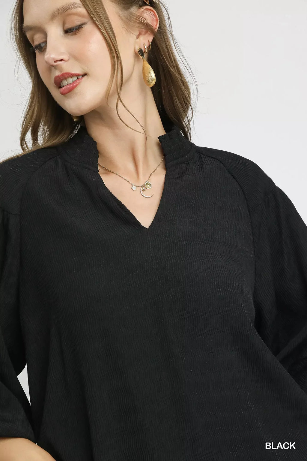 Textured V-Neck Blouse with Balloon Sleeves