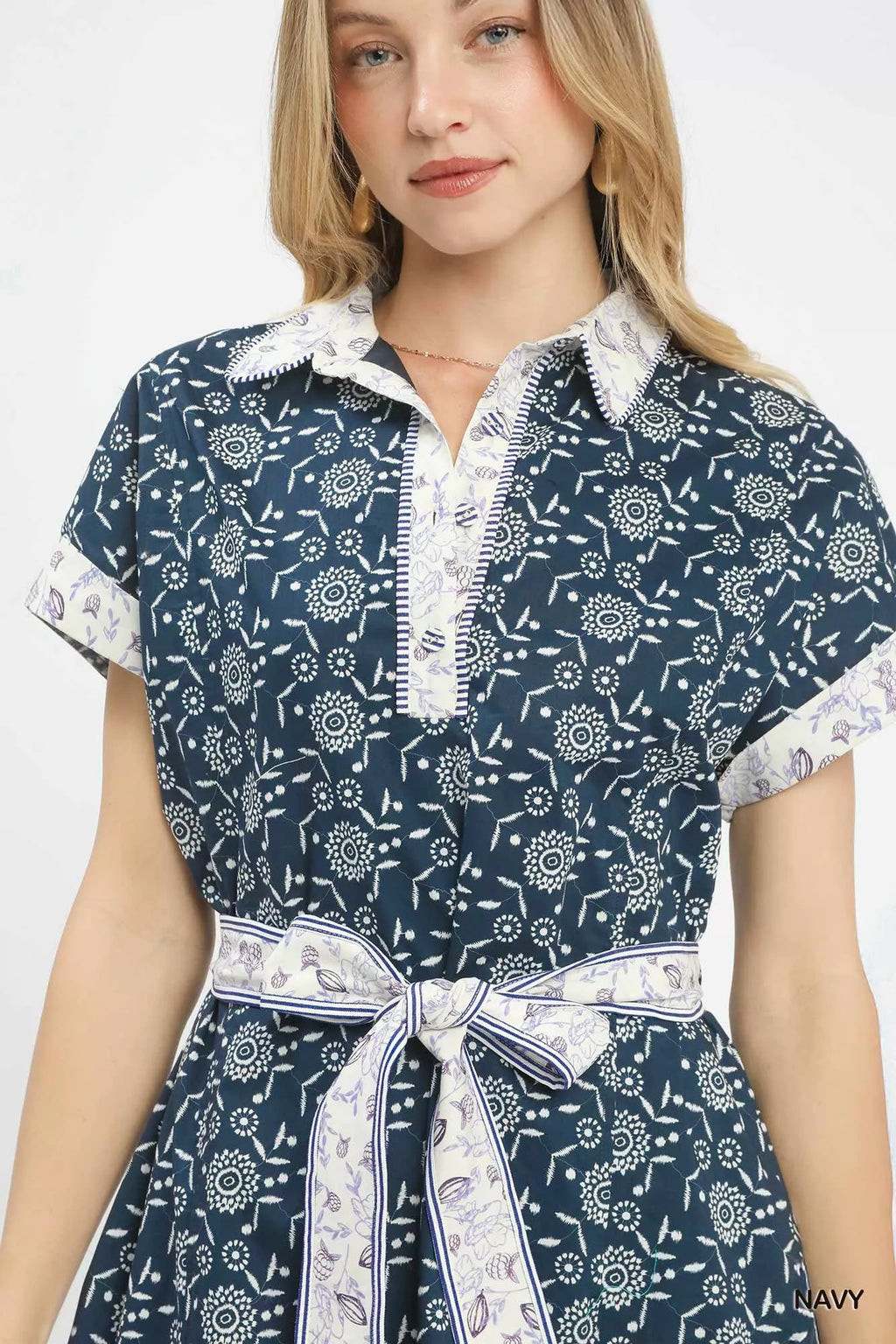 Border Print Belted Shirt Dress
