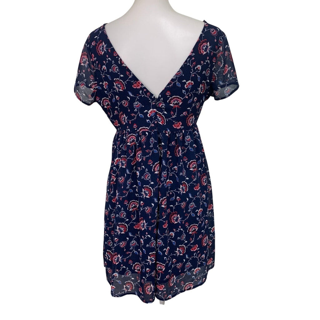 Old Navy Womens Medium Navy Blue Floral Short Sleeve Back Zip Fit n Flare Dress