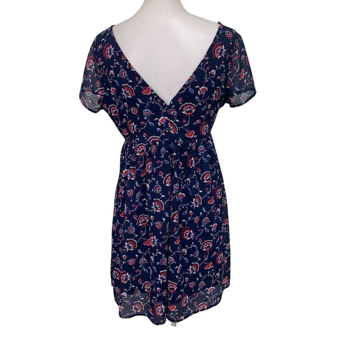 Old Navy Womens Medium Navy Blue Floral Short Sleeve Back Zip Fit n Flare Dress