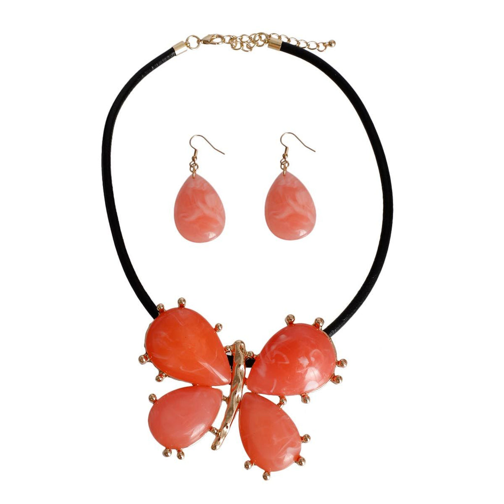 Butterfly Pendant Set Pink Marbled Stylish Jewelry Accessory