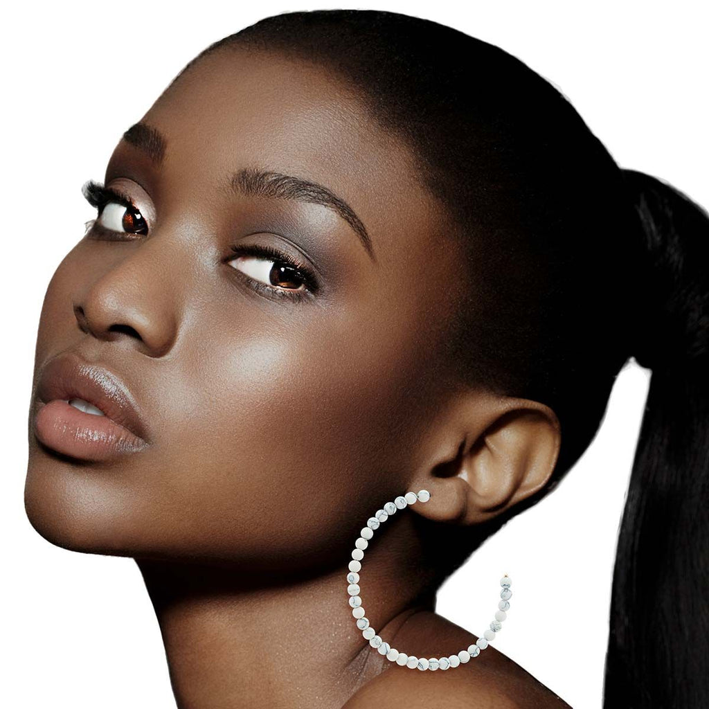 Stone Bead Hoop Earrings White Natural Stylish Statement Jewelry