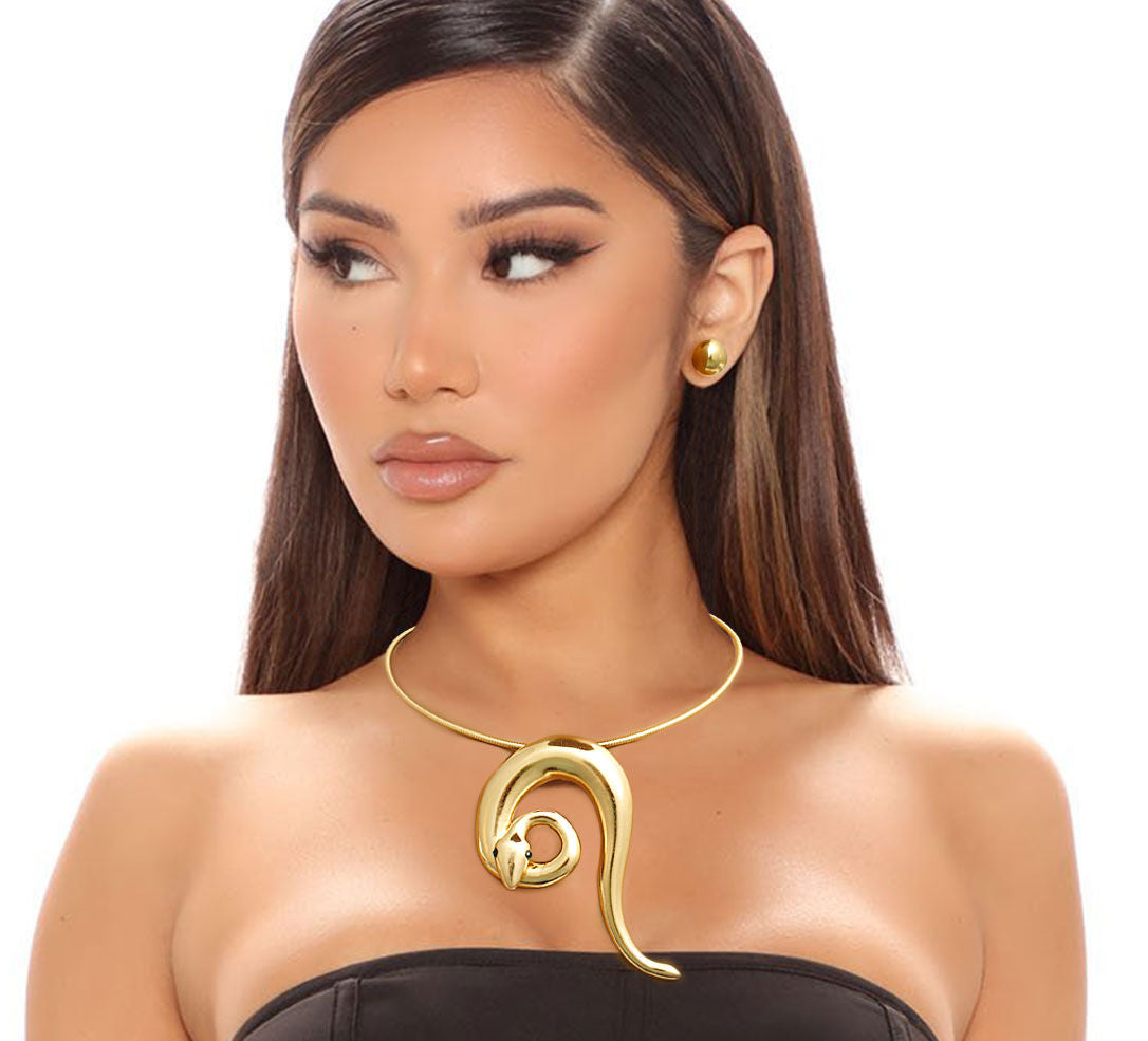 Statement Gold Rigid Coiled Snake Necklace Stylish Chic Jewelry Accessory