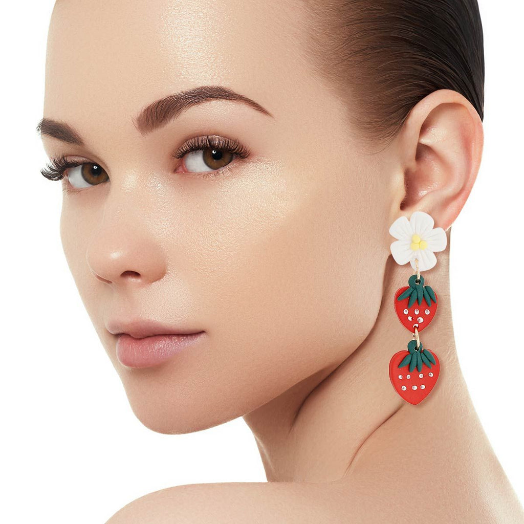 Strawberry Dangle Earrings Red Clay Stylish Statement Jewelry