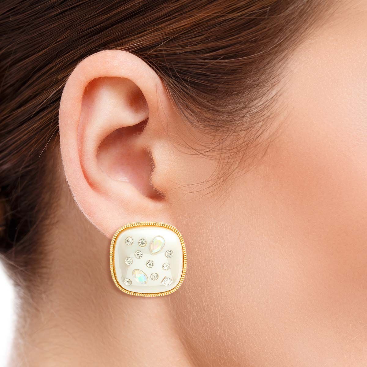 Square Pearl Stud Earrings Gold Cream Stylish Fashion Jewelry