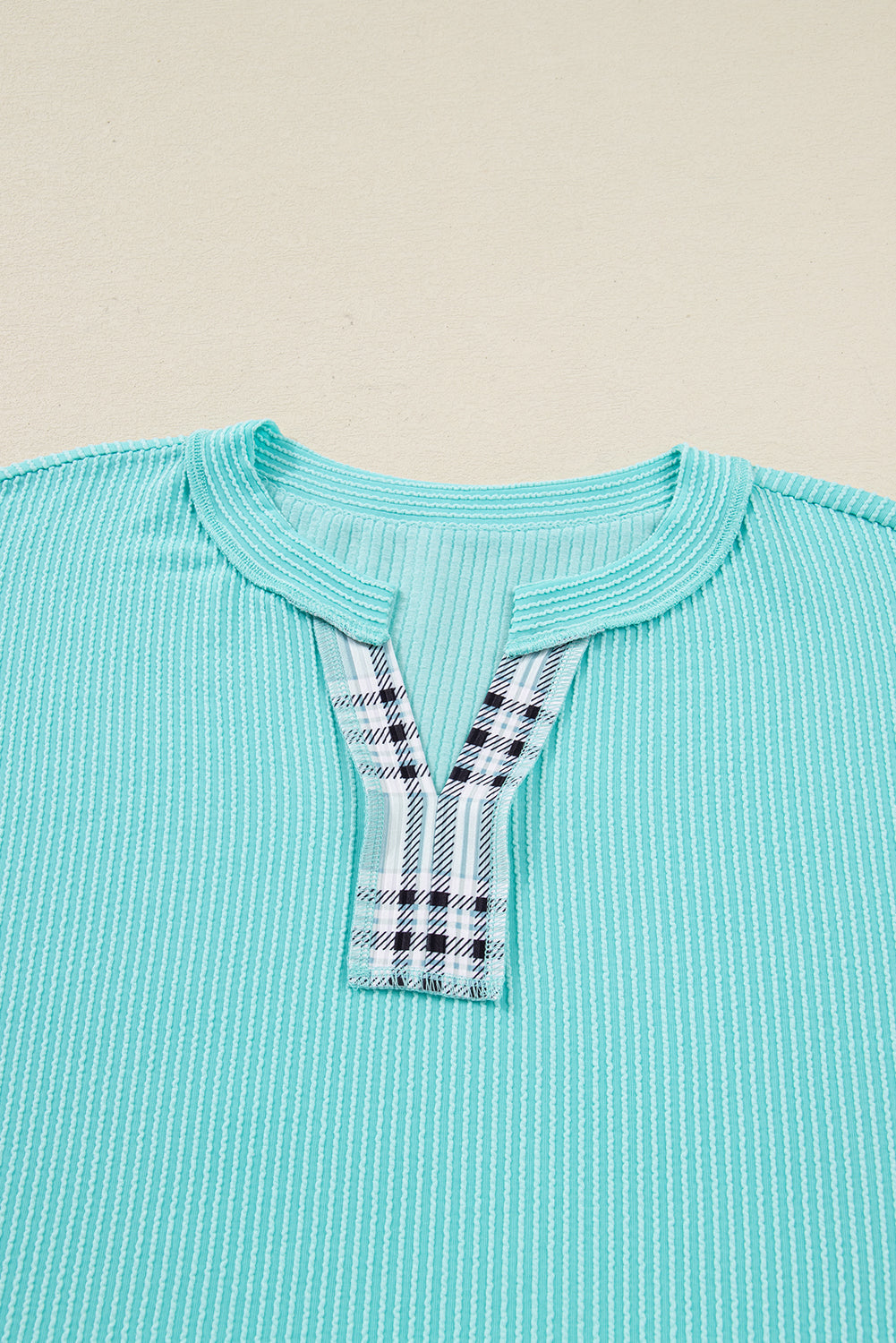 Twist Ribbed Color Block Plaid Patchwork Plus Size Long Sleeve Top