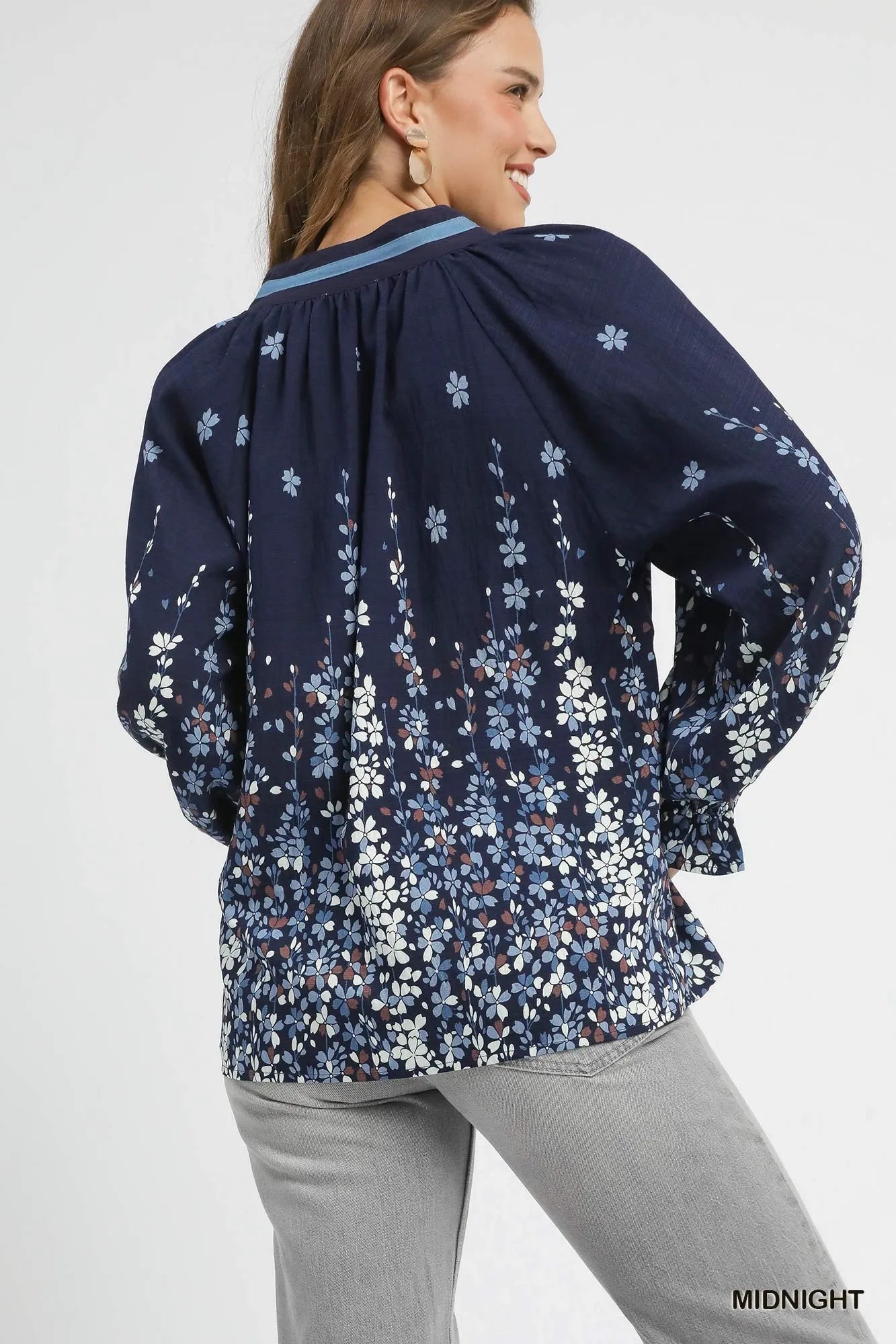 Full Size Floral Vine Print Blouse with Balloon Sleeves Plus Size