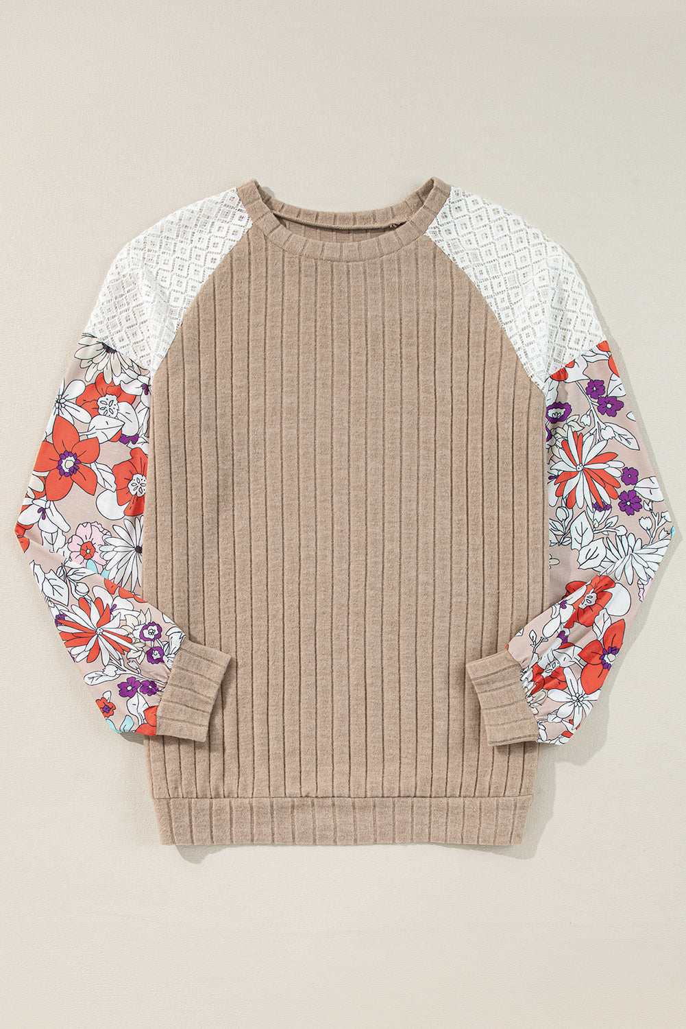 Parchment Floral Patchwork Raglan Sleeve Ribbed Blouse