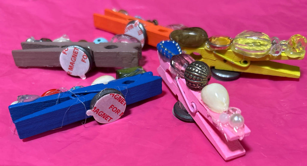 Decorated Wooden Clothes Pins with Magnet & Beads (Set of 5)