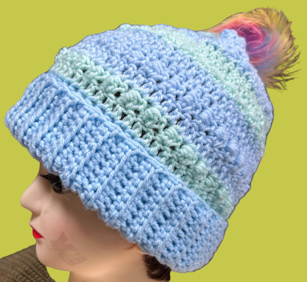 Handmade crocheted beanie/hat in light blue & green.
