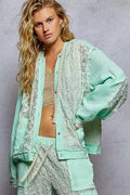 Exposed Seam Button Down Hooded Jacket with Lace Detail