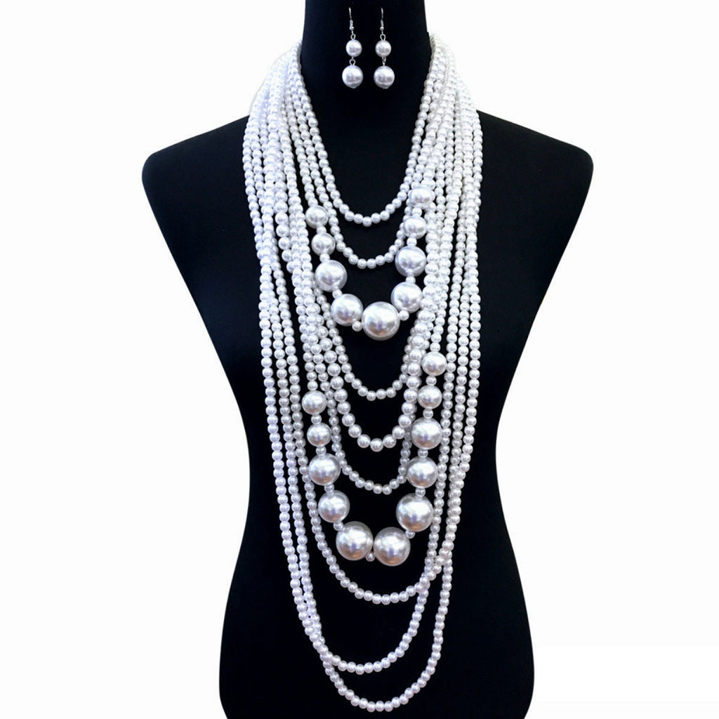 Pearl Necklace Set White Long Elegant Stylish Jewelry