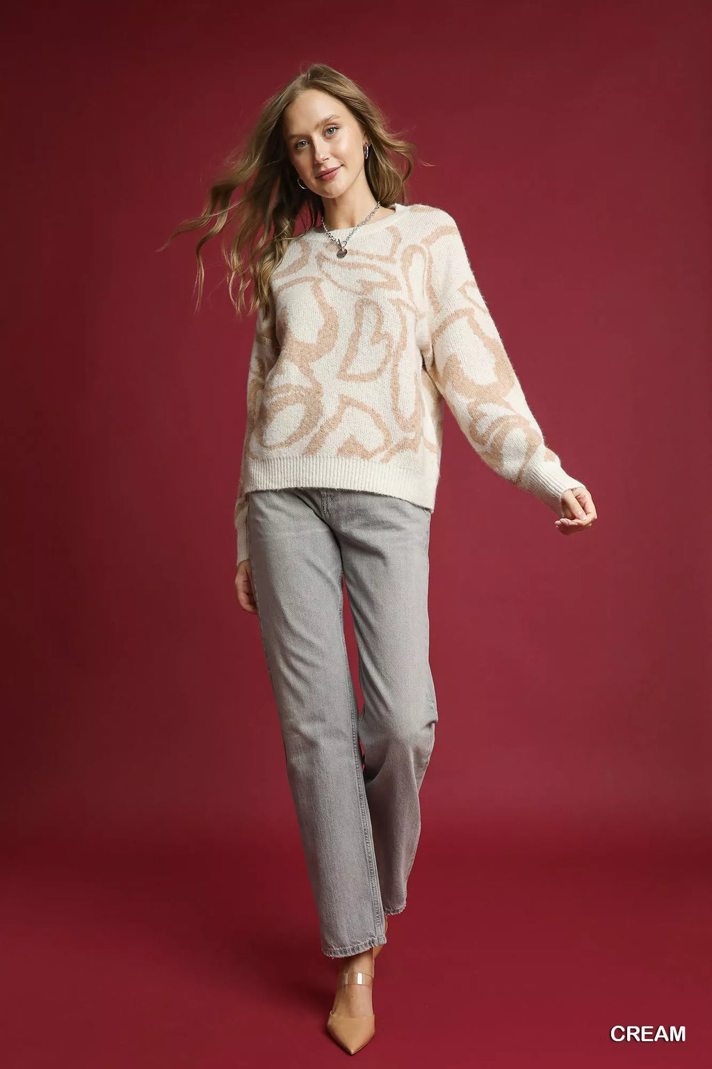 Heart Print Crew Neck Sweater