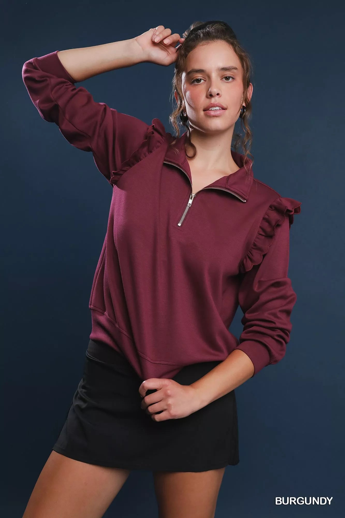 Luxeknit Ruffle Shoulder Quarter-Zip Sweatshirt