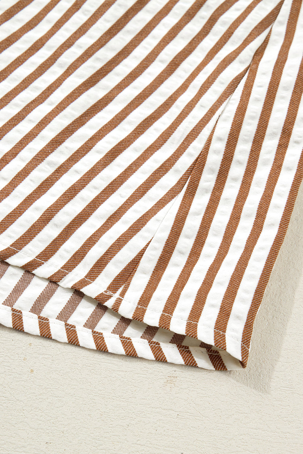 Brown Stripe Shirred V Neck Short Puff Sleeve Blouse