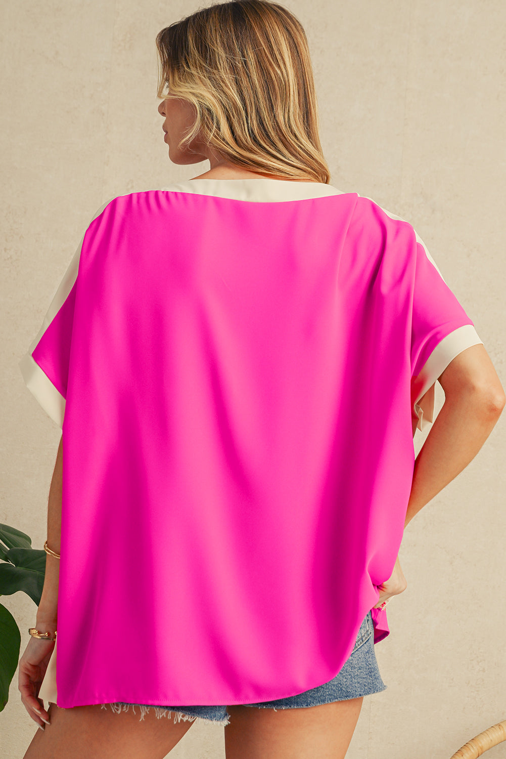 Rose Color Block Boat Neck Tunic Blouse
