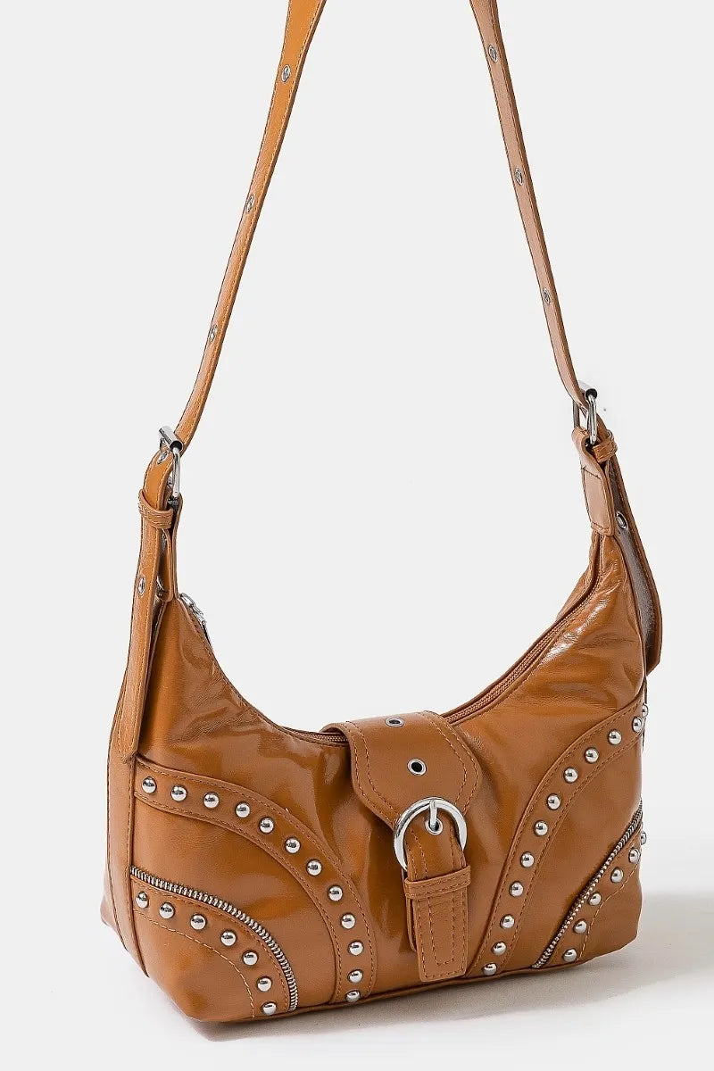 Faux Leather Studded Trim Shoulder Bag