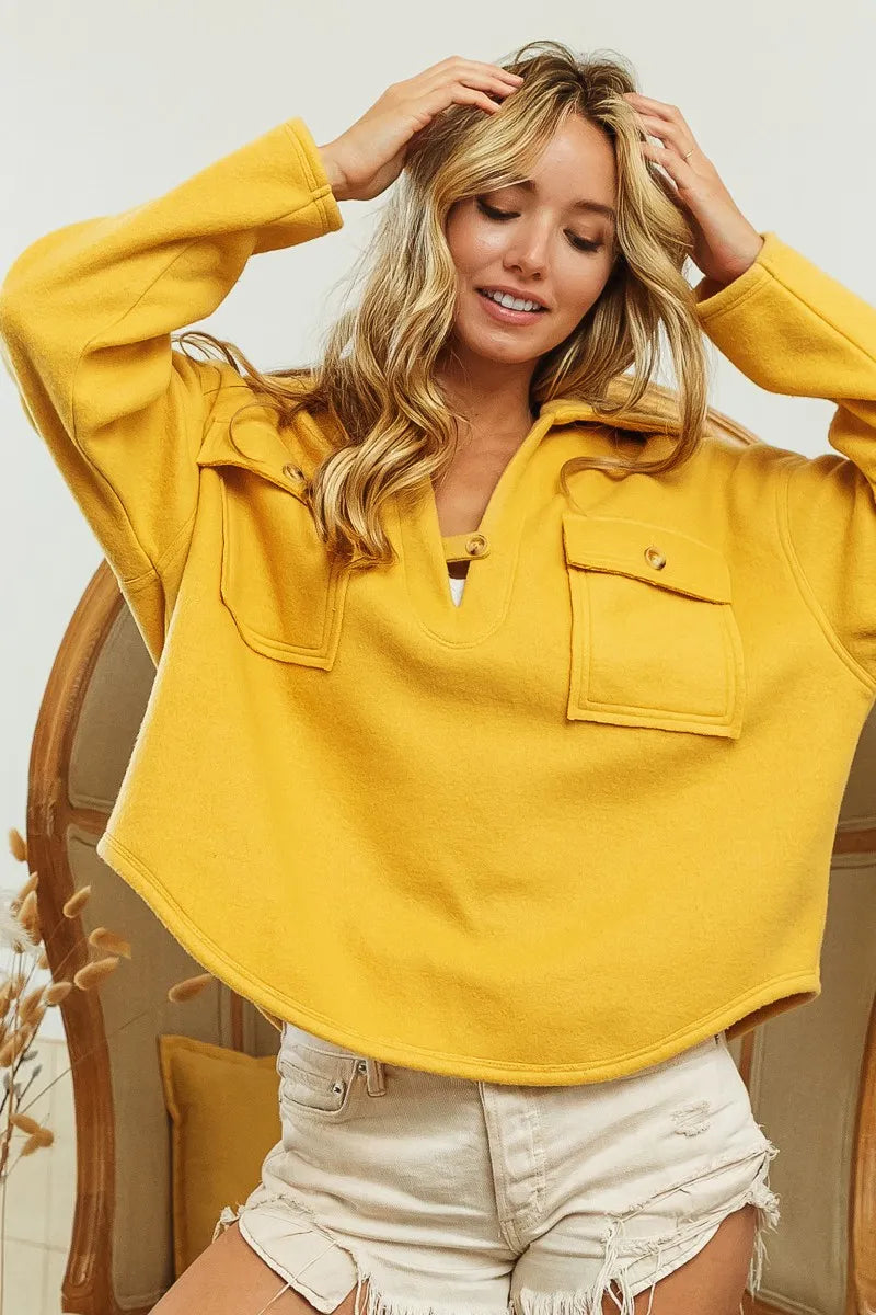 Flap Pockets Fleece Collared Sweatshirt