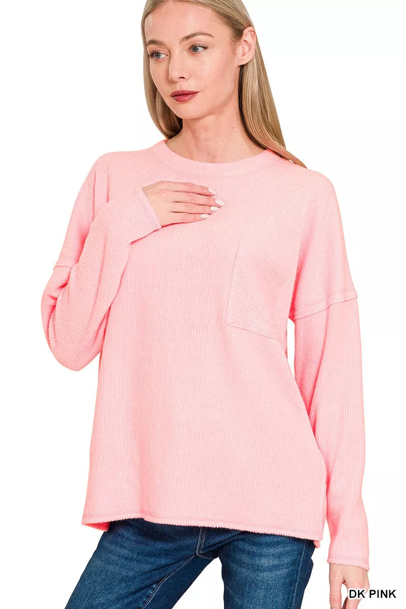 Ribbed Brushed Melange Hacci Sweater with Chest Pocket